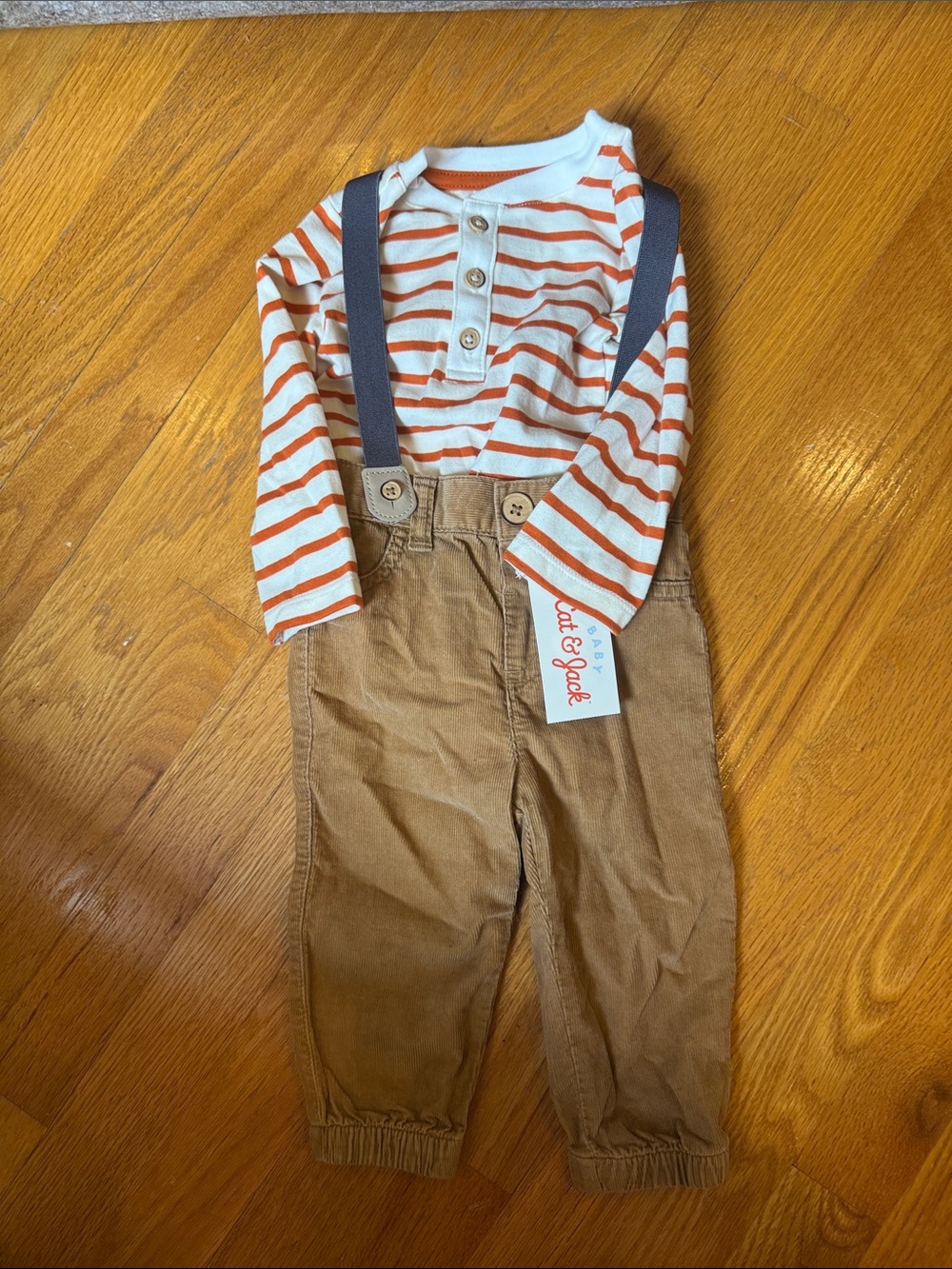 Cat & Jack Orange & White Striped Henley with Brown Pants and Navy Suspenders